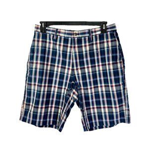 Mountain Khakis Mulligan Shorts Mens 34x10 Blue Plaid Classic Fit Stretch Casual
